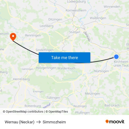 Wernau (Neckar) to Simmozheim map