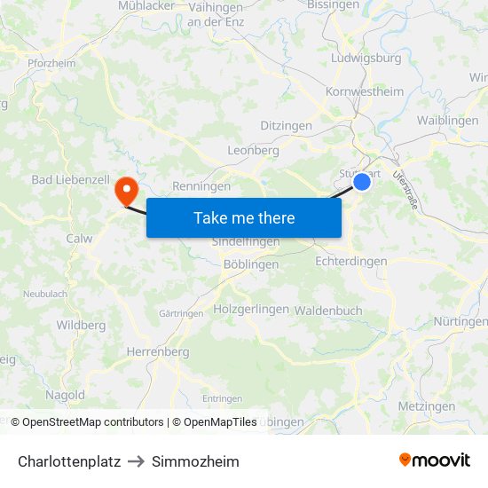Charlottenplatz to Simmozheim map