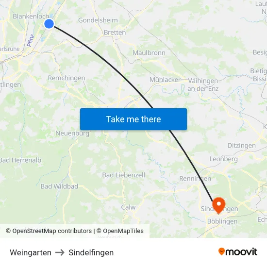 Weingarten to Sindelfingen map
