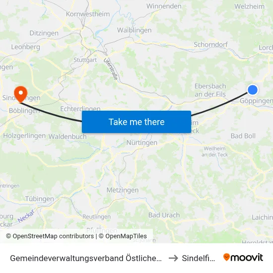 Gemeindeverwaltungsverband Östlicher Schurwald to Sindelfingen map