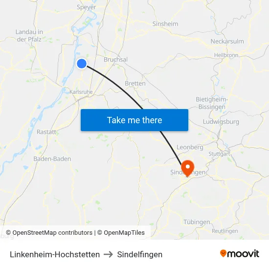 Linkenheim-Hochstetten to Sindelfingen map