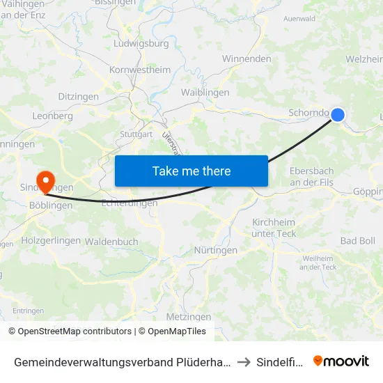 Gemeindeverwaltungsverband Plüderhausen-Urbach to Sindelfingen map