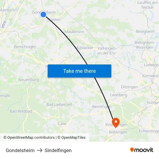 Gondelsheim to Sindelfingen map
