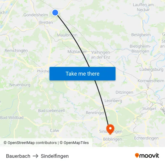 Bauerbach to Sindelfingen map