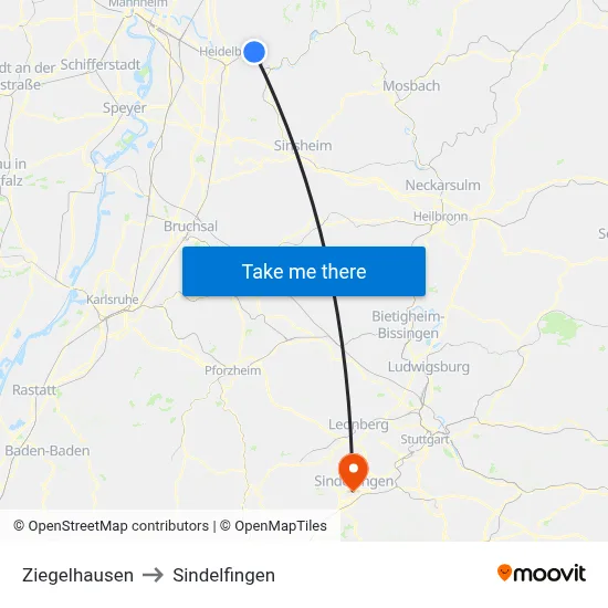 Ziegelhausen to Sindelfingen map