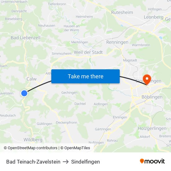 Bad Teinach-Zavelstein to Sindelfingen map