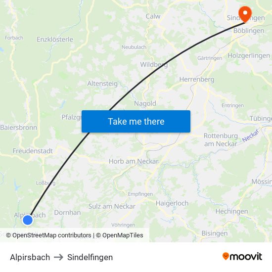 Alpirsbach to Sindelfingen map