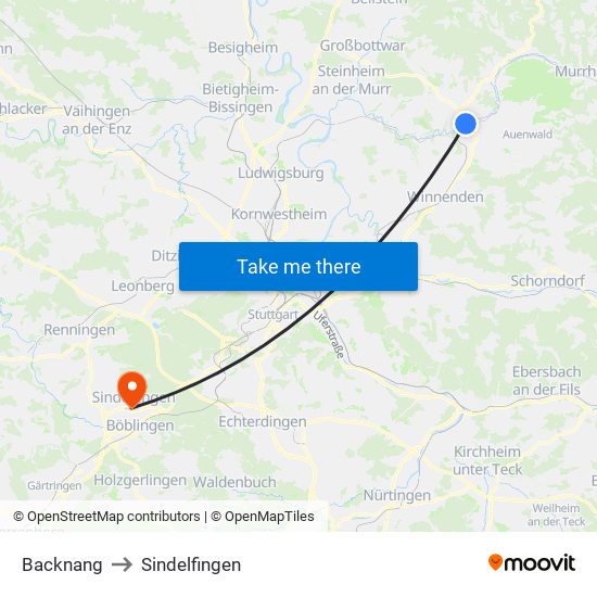 Backnang to Sindelfingen map