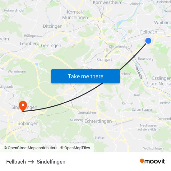 Fellbach to Sindelfingen map