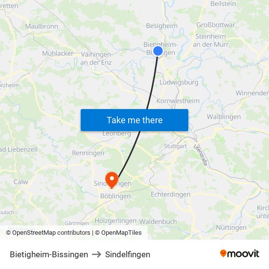 Bietigheim-Bissingen to Sindelfingen map