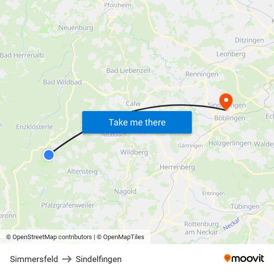 Simmersfeld to Sindelfingen map