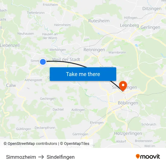 Simmozheim to Sindelfingen map