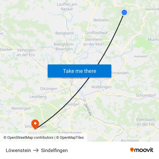 Löwenstein to Sindelfingen map