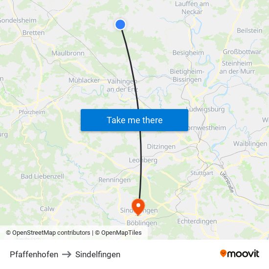 Pfaffenhofen to Sindelfingen map