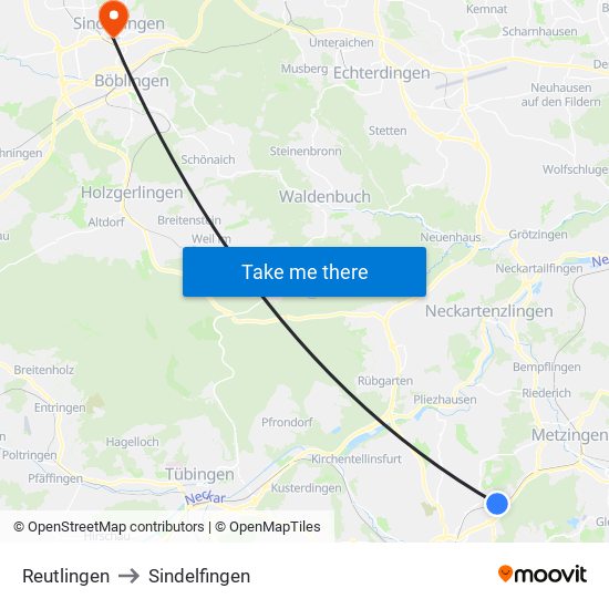 Reutlingen to Sindelfingen map