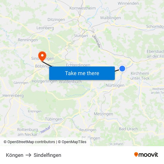 Köngen to Sindelfingen map