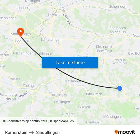 Römerstein to Sindelfingen map