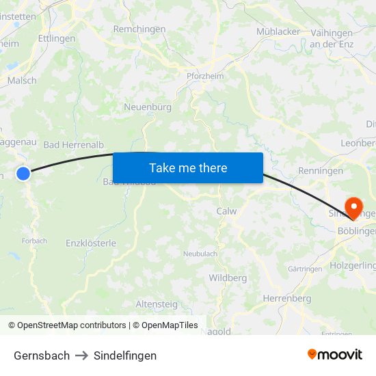 Gernsbach to Sindelfingen map