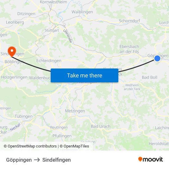 Göppingen to Sindelfingen map