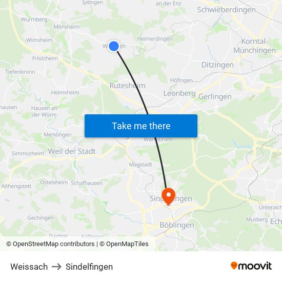 Weissach to Sindelfingen map