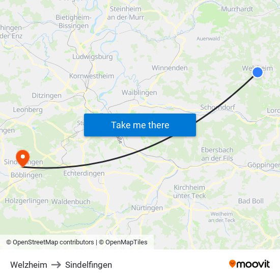 Welzheim to Sindelfingen map