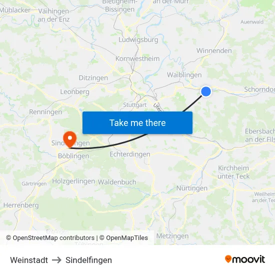 Weinstadt to Sindelfingen map