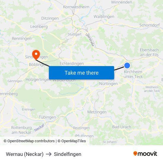 Wernau (Neckar) to Sindelfingen map