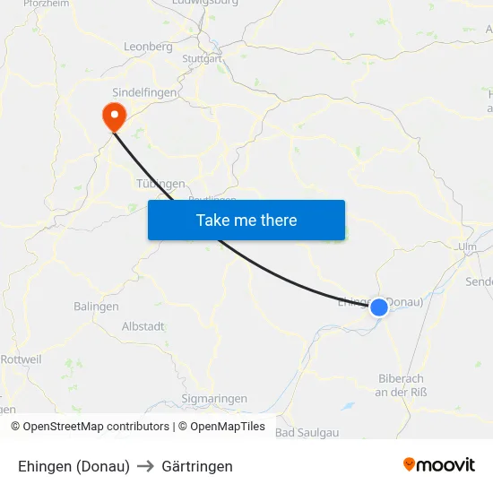 Ehingen (Donau) to Gärtringen map
