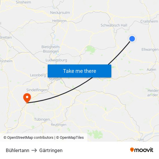 Bühlertann to Gärtringen map