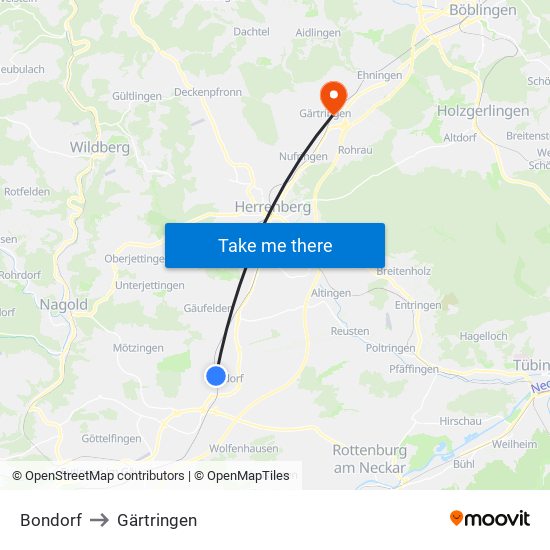 Bondorf to Gärtringen map