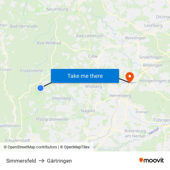 Simmersfeld to Gärtringen map