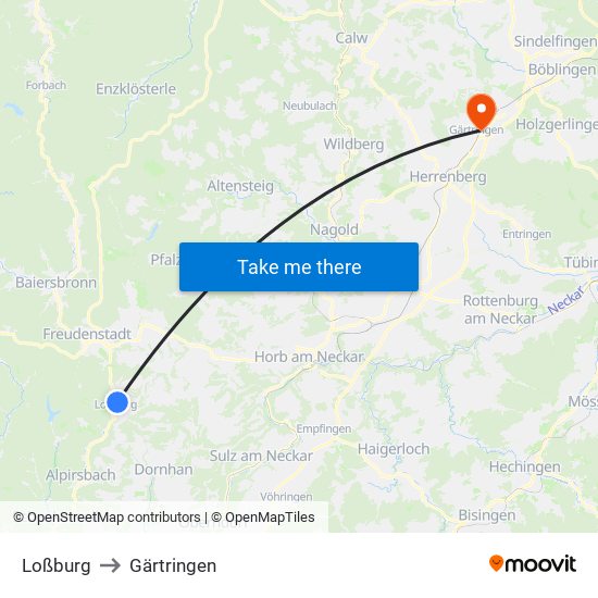 Loßburg to Gärtringen map