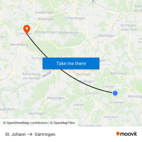 St. Johann to Gärtringen map