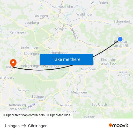 Uhingen to Gärtringen map