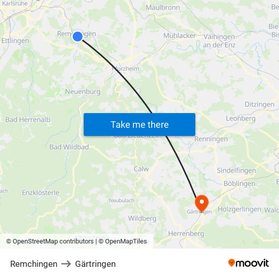 Remchingen to Gärtringen map