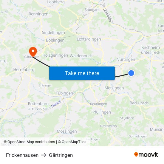 Frickenhausen to Gärtringen map