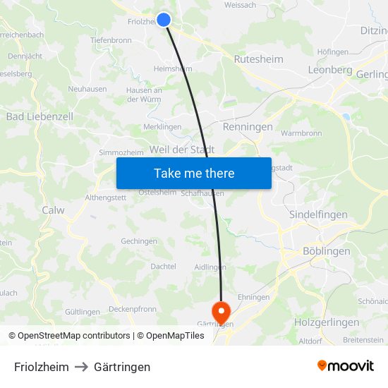Friolzheim to Gärtringen map