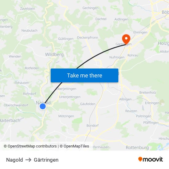 Nagold to Gärtringen map