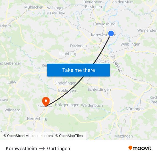 Kornwestheim to Gärtringen map