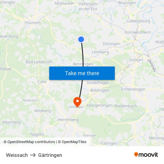 Weissach to Gärtringen map