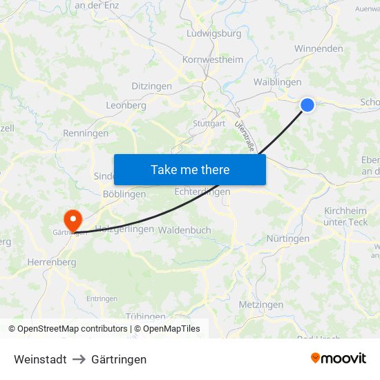 Weinstadt to Gärtringen map
