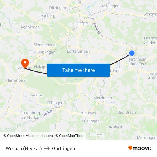 Wernau (Neckar) to Gärtringen map