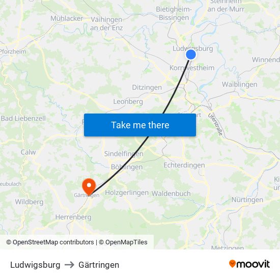 Ludwigsburg to Gärtringen map