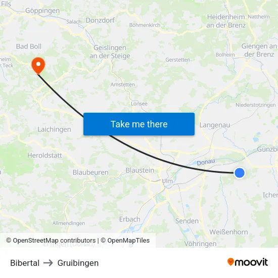 Bibertal to Gruibingen map