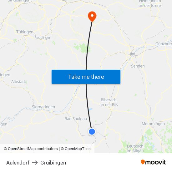 Aulendorf to Gruibingen map