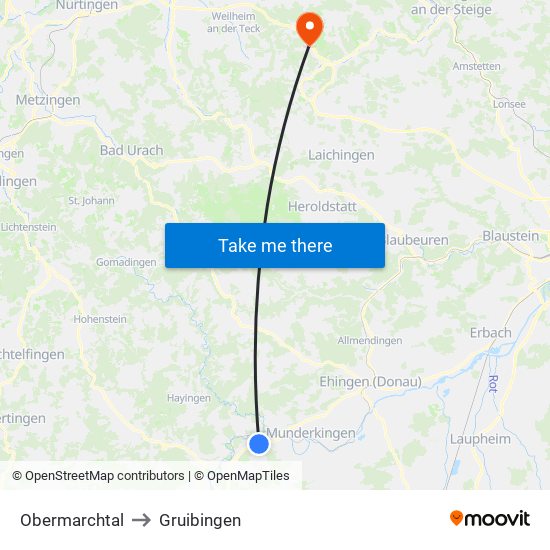 Obermarchtal to Gruibingen map