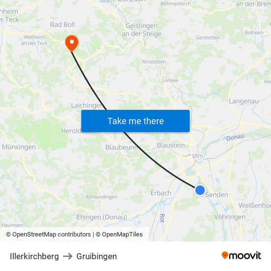 Illerkirchberg to Gruibingen map