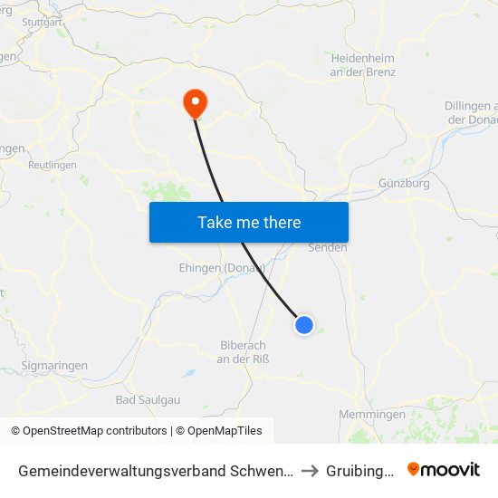 Gemeindeverwaltungsverband Schwendi to Gruibingen map