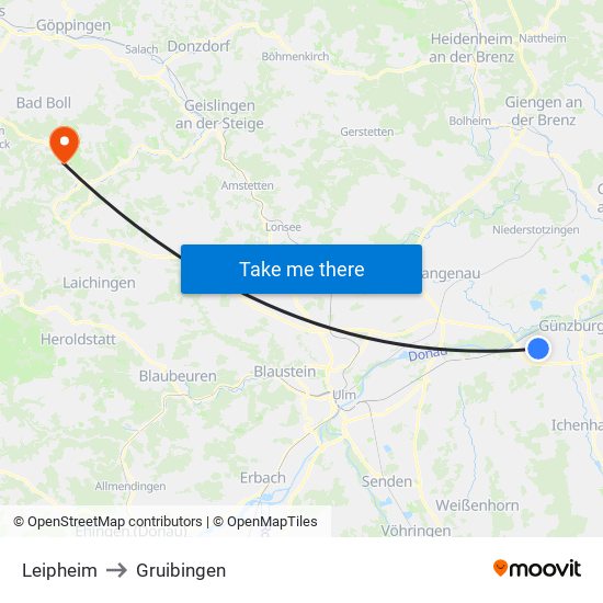 Leipheim to Gruibingen map