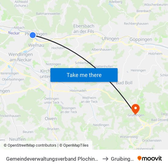 Gemeindeverwaltungsverband Plochingen to Gruibingen map